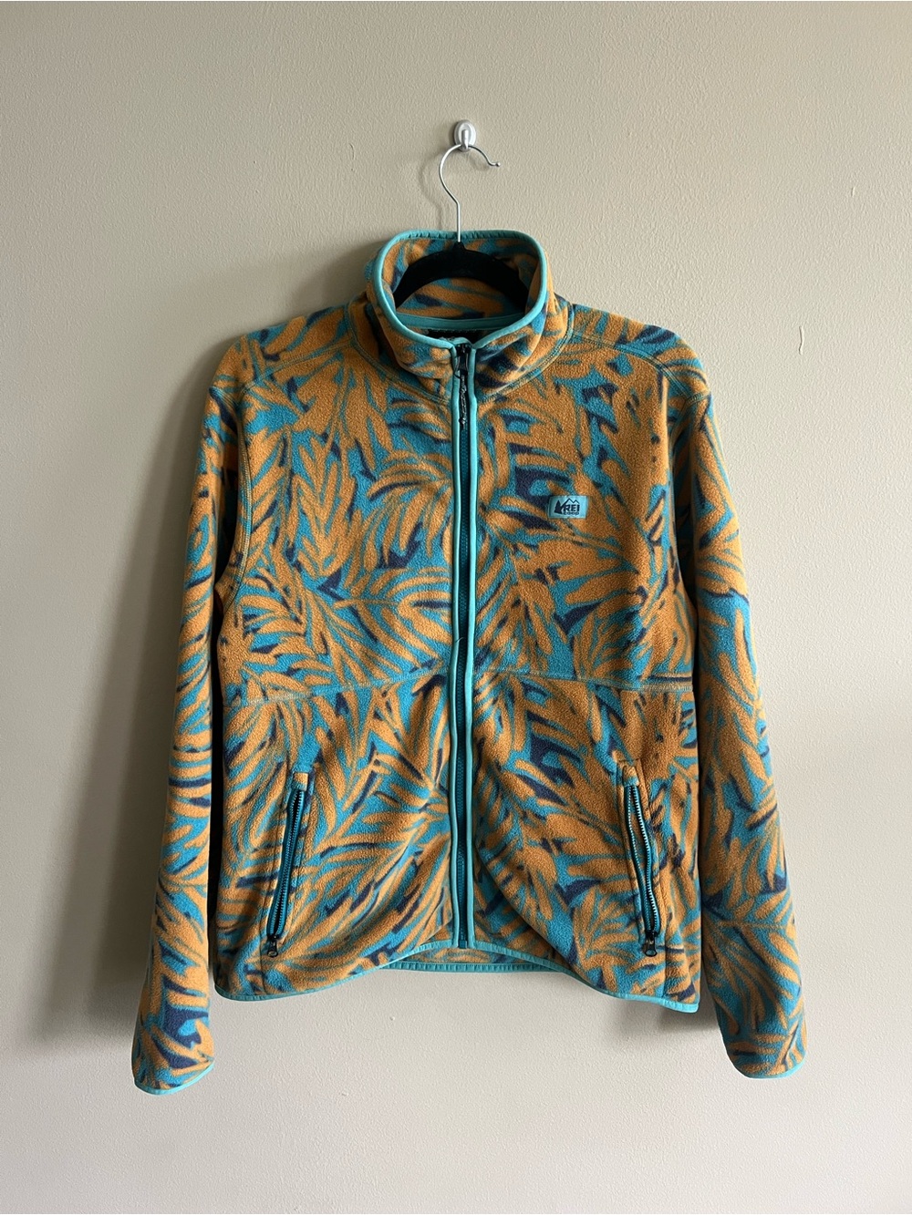 REI Two-Tone Mustard & Teal Printed Teddy Fleece Jacket